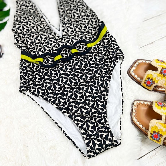 NEW Sz Medium La Perla Black White Printed Summer Winds Plunge One Piece Bikini - Picture 4 of 9